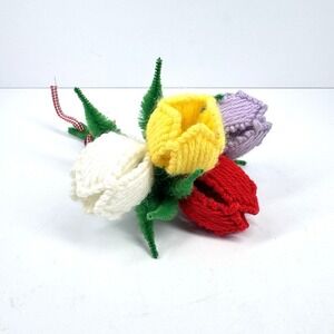 Handmade Knit Yarn Tulip Flowers Bouquet Multicolor Decorative Craft